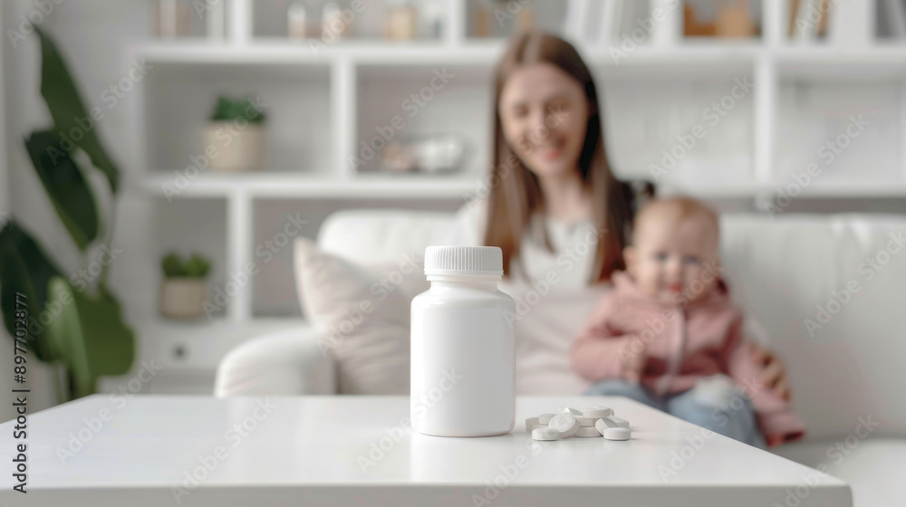 mockup of a bottle for medicines, vitamins and food additives against the background of a smiling blurred mother and child in the kitchen mockup of a bottle for medicines, vitamins and food additives against the background of a smiling blurred mother and child in the kitchen