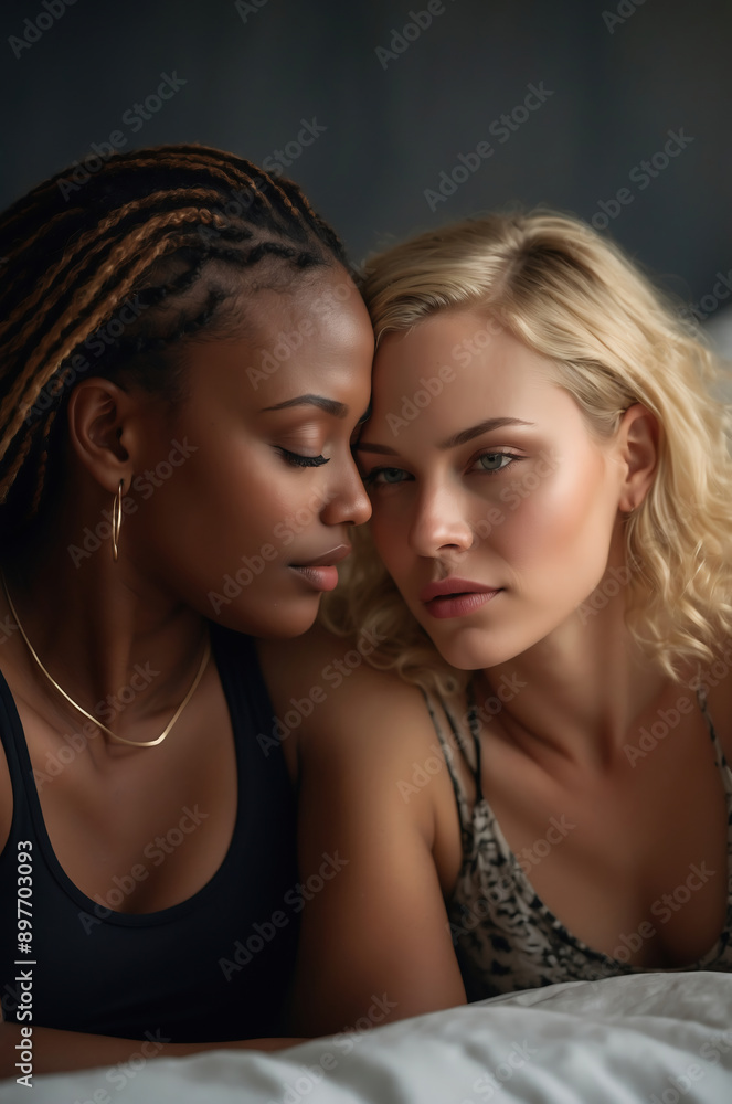 Intimate and Loving Moment Between a Blonde Woman and Woman of Color Sharing a Tender Embrace Intimate and Loving Moment Between a Blonde Woman and Woman of Color Sharing a Tender Embrace
