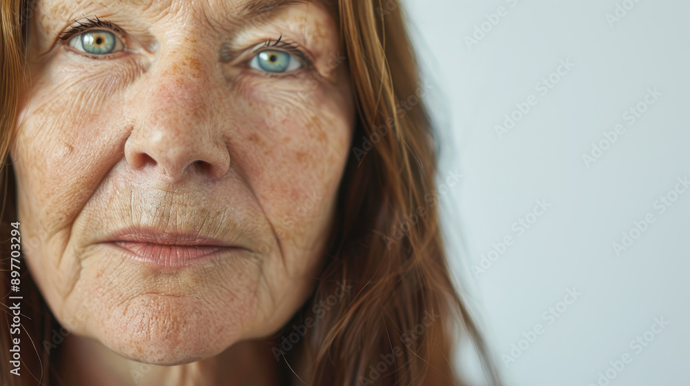 portrait of a beautiful woman 50-60 years old with long hair, on a light background, looking at camera, close-up, natural aging, copy space portrait of a beautiful woman 50-60 years old with long hair, on a light background, looking at camera, close-up, natural aging, copy space