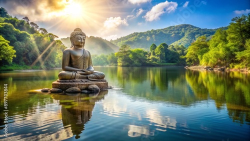 Enlightened Reflection Buddha Statue on a Tranquil Lake, Sunset, Mountain Landscape, Serenity, Meditation, Nature, Peace