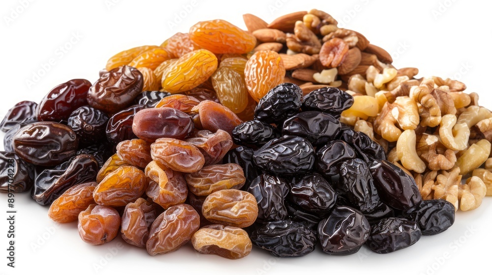 Mix of nuts and dried fruits isolated on a white background. Presented apricots, raisins, walnuts, hazelnuts, cashews, pecans, and almonds. Mix of nuts and dried fruits isolated on a white background. Presented apricots, raisins, walnuts, hazelnuts, cashews, pecans, and almonds.