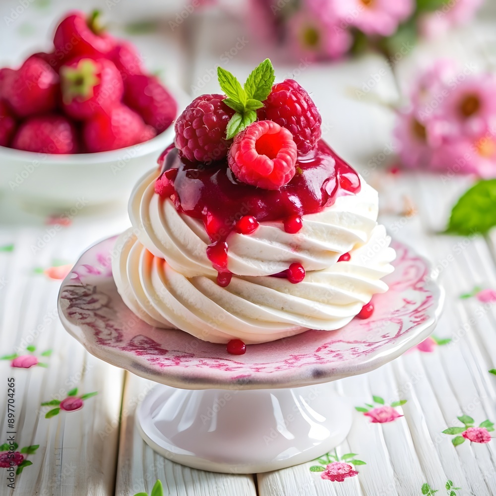 Delicious mini Pavlova meringue cake decorated with fresh raspberry Delicious mini Pavlova meringue cake decorated with fresh raspberry