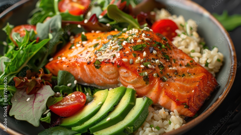 Nutritious meal with salmon, avocado, and leafy greens Nutritious meal with salmon, avocado, and leafy greens