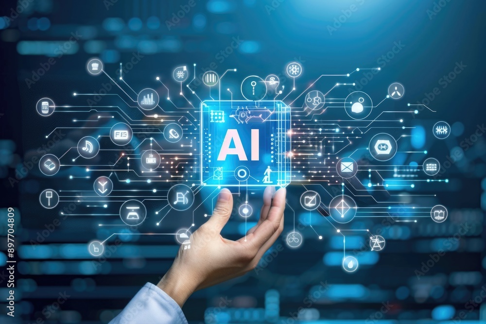 A hand reaches for a blue AI cube, highlighting the interconnectedness of artificial intelligence in today's world with digital connections A hand reaches for a blue AI cube, highlighting the interconnectedness of artificial intelligence in today's world with digital connections