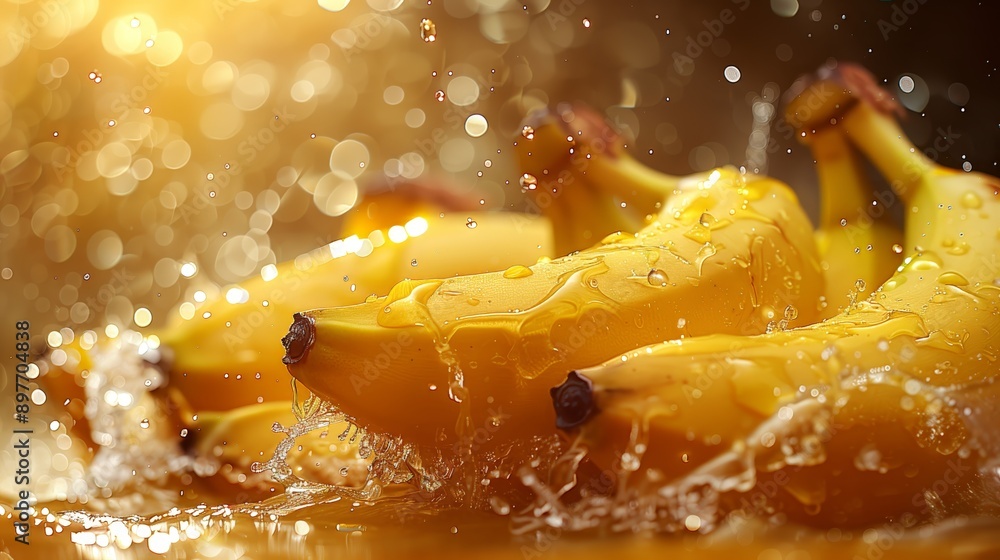 ripe bananas amidst a dynamic splash of water droplets, set against a warm, golden-hued backdrop. ripe bananas amidst a dynamic splash of water droplets, set against a warm, golden-hued backdrop.