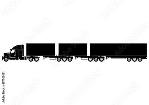 Silhouette of a three trailer road train truck. Long combination vehicle. Vector.