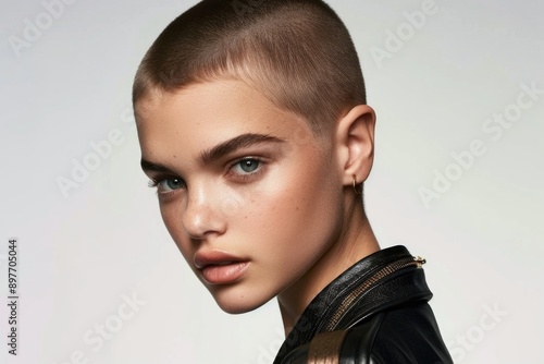 A young woman with short, shaved hair gazes intently at the camera. Her eyes are bright and piercing, her expression confident and intriguing