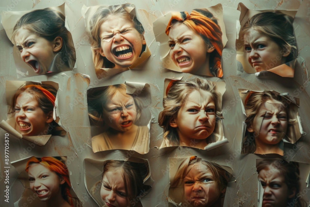 A collage of faces, each expressing anger in a different way, their expressions framed by torn paper A collage of faces, each expressing anger in a different way, their expressions framed by torn paper