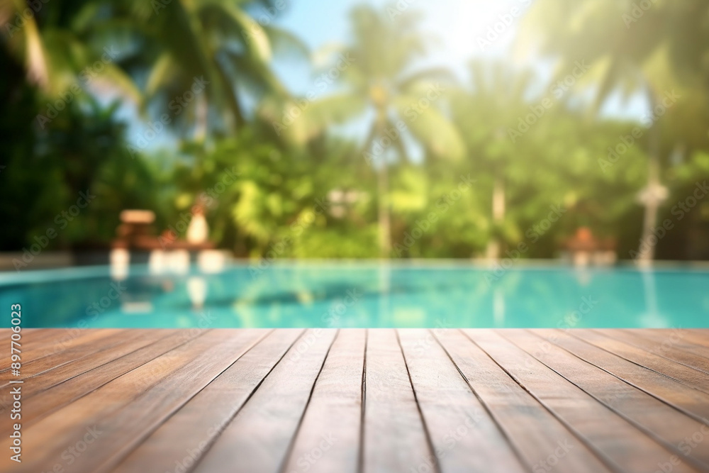 Fototapeta premium Empty wooden deck with swimming pool