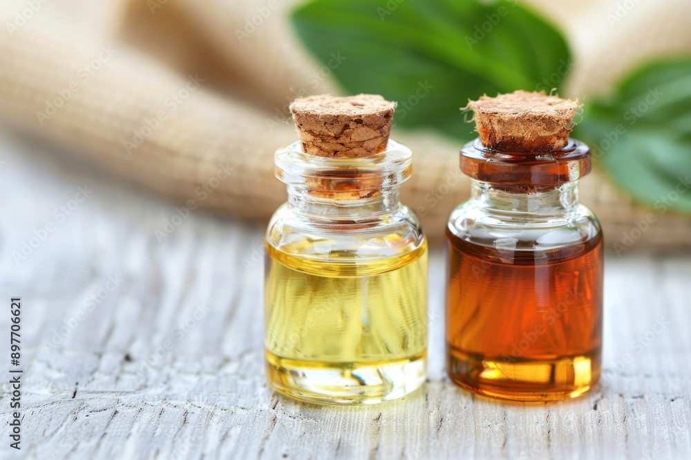 Two small glass bottles with cork tops, one filled with golden oil and the other with amber oil, sit side-by-side on a rustic wooden surface Two small glass bottles with cork tops, one filled with golden oil and the other with amber oil, sit side-by-side on a rustic wooden surface