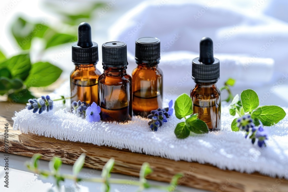 Four small bottles of essential oils sit on a white towel, surrounded by lavender and green sprigs. The bottles are arranged in a row on a wooden tray, bathed in natural light Four small bottles of essential oils sit on a white towel, surrounded by lavender and green sprigs. The bottles are arranged in a row on a wooden tray, bathed in natural light