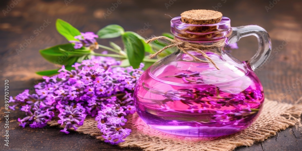 A glass bottle filled with purple lavender essence sits on a burlap mat, surrounded by fresh lavender flowers and green stems, all atop a rustic wooden surface A glass bottle filled with purple lavender essence sits on a burlap mat, surrounded by fresh lavender flowers and green stems, all atop a rustic wooden surface