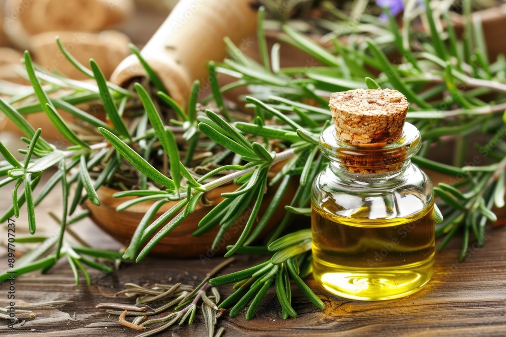 A small glass bottle of rosemary essential oil sits beside fresh rosemary sprigs on a wooden surface A small glass bottle of rosemary essential oil sits beside fresh rosemary sprigs on a wooden surface