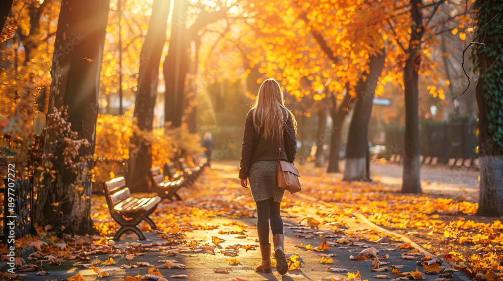 Woman strolling on a colorful autumn path in the park on a sunny day Woman strolling on a colorful autumn path in the park on a sunny day