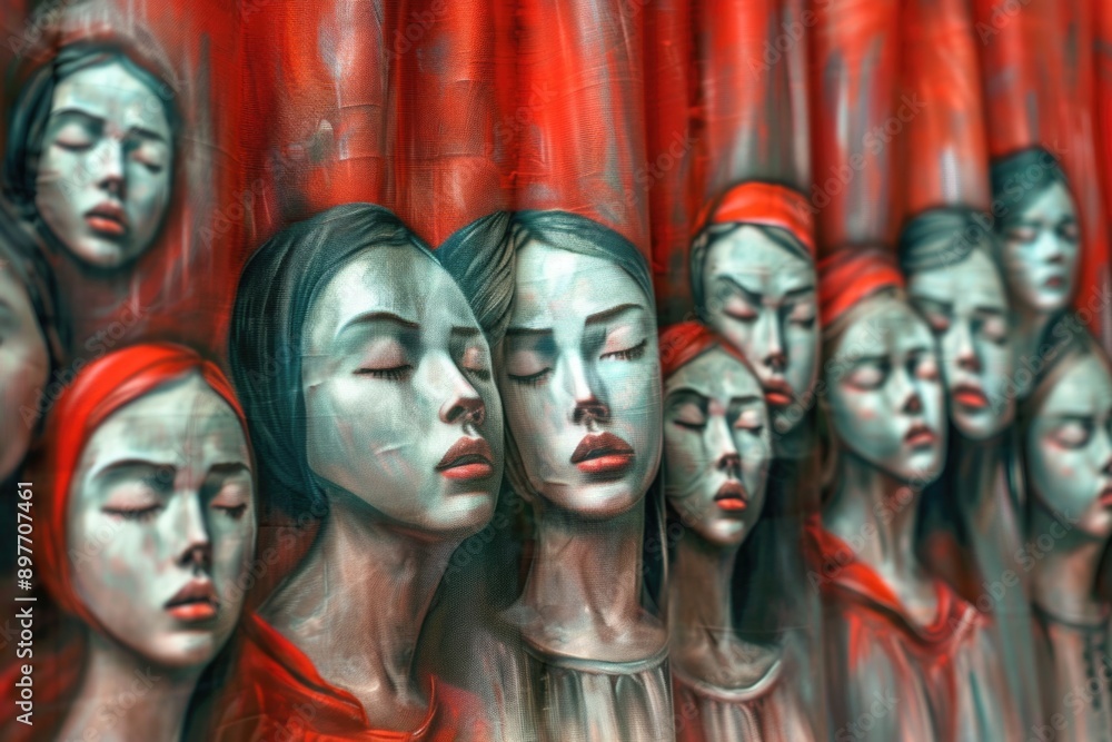 Obraz premium A series of women's faces, painted with ethereal beauty, gaze into the distance with eyes closed. The background is a canvas of deep, vibrant red