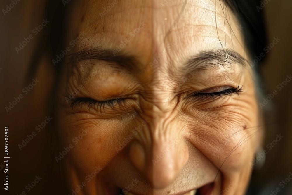 A close-up shot of a woman's face as she laughs, her eyes closed in delight, highlighting the wrinkles and lines that tell a story of a life well lived A close-up shot of a woman's face as she laughs, her eyes closed in delight, highlighting the wrinkles and lines that tell a story of a life well lived