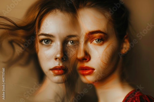A woman with fiery hair and green eyes gazes thoughtfully at the viewer, her face partially obscured by the overlapping image of a second woman, creating a mesmerizing sense of duality