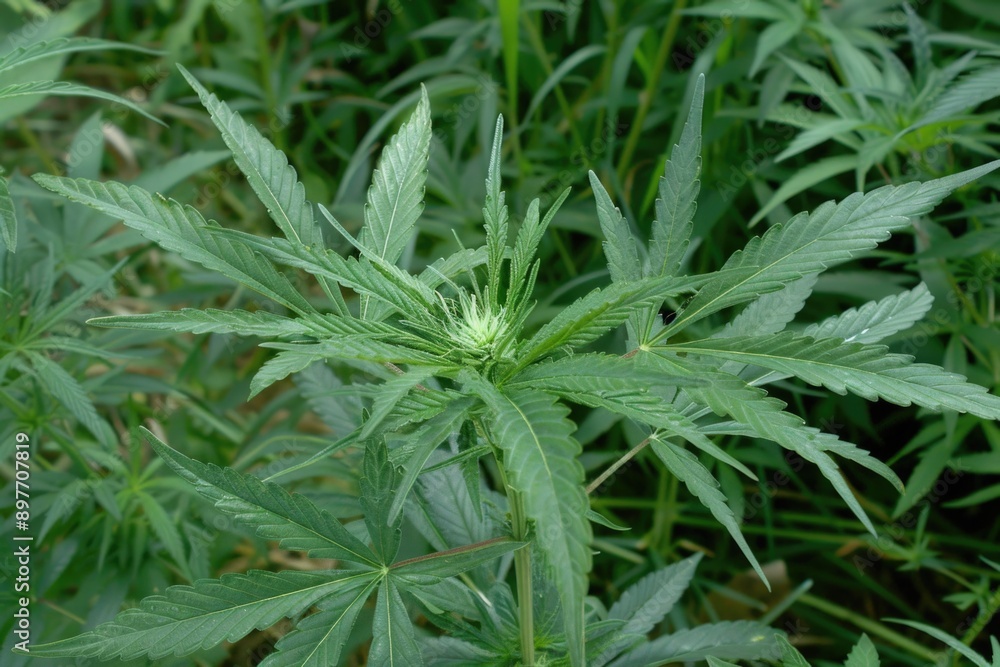 A vibrant cannabis plant thrives amidst lush greenery, its leaves reaching towards the sun, capturing the essence of summer's growth A vibrant cannabis plant thrives amidst lush greenery, its leaves reaching towards the sun, capturing the essence of summer's growth