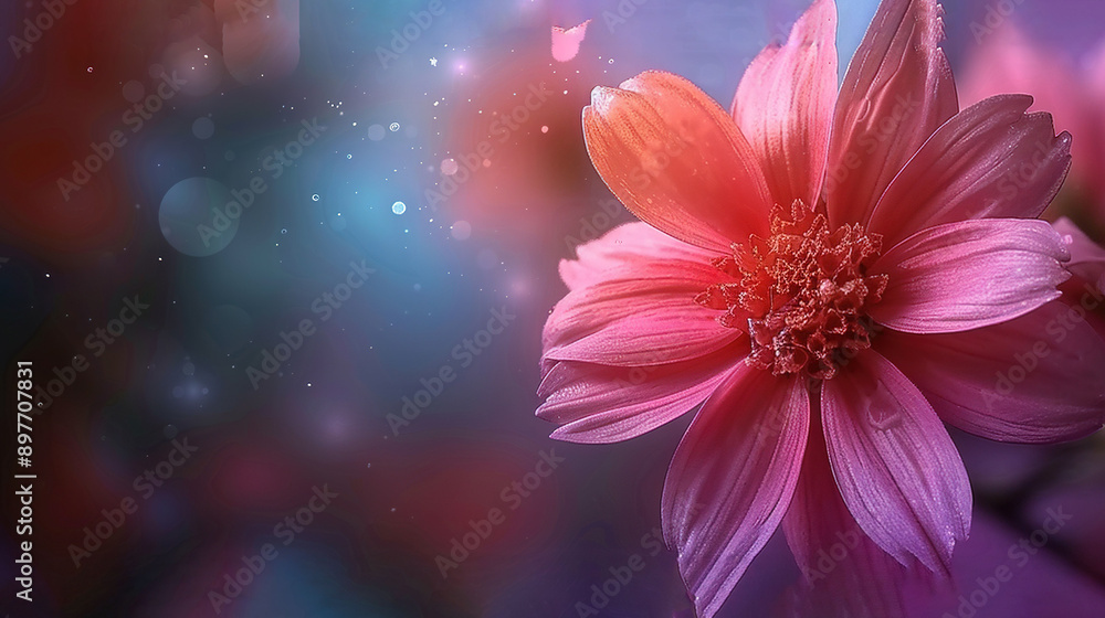 A photo of a pink flower against a blue-pink backdrop, featuring a soft, out-of-focus effect from distant lights A photo of a pink flower against a blue-pink backdrop, featuring a soft, out-of-focus effect from distant lights