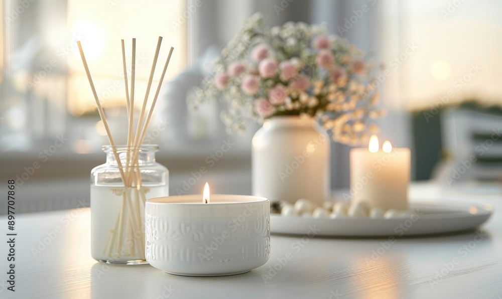 Aromatic Reed Freshener and Candle on Table in a Realistic Room Setting Aromatic Reed Freshener and Candle on Table in a Realistic Room Setting
