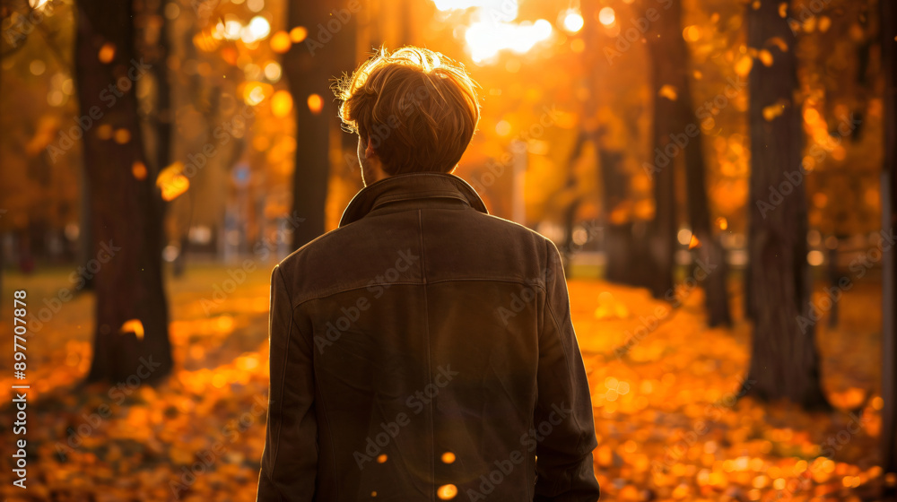 Young man strolls through a tranquil park surrounded by golden autumn foliage Young man strolls through a tranquil park surrounded by golden autumn foliage