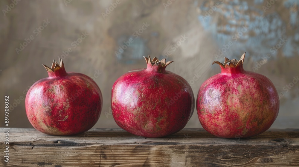 Three whole red pomegranates with visible seeds are displayed on a rustic wooden surface. Three whole red pomegranates with visible seeds are displayed on a rustic wooden surface.