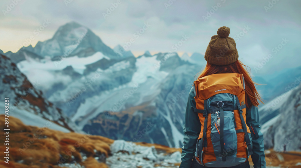 Hiker gazes at a mountain range on a overcast day Hiker gazes at a mountain range on a overcast day