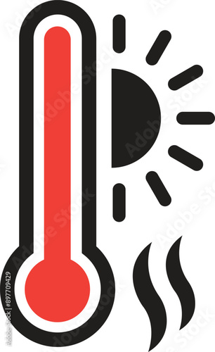 Heatwave icon, climate change, global warming icon, Thermometer icon with sun.