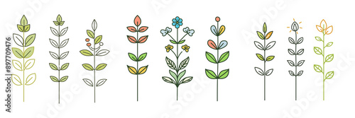 Outline colorful icons of leaves, vector thin line symbols isolated on transparent background 