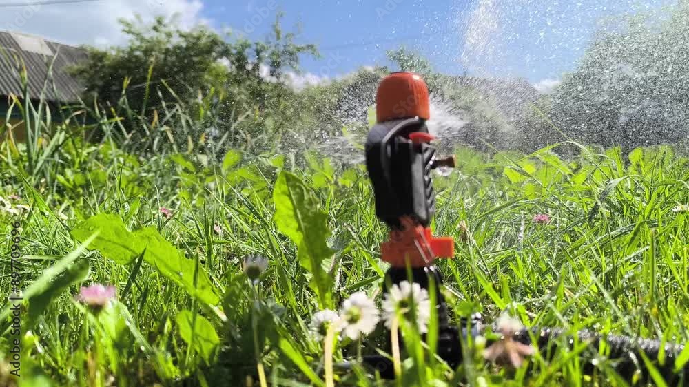 Close-up of a sprinkler watering a lawn and a vegetable garden Close-up of a sprinkler watering a lawn and a vegetable garden