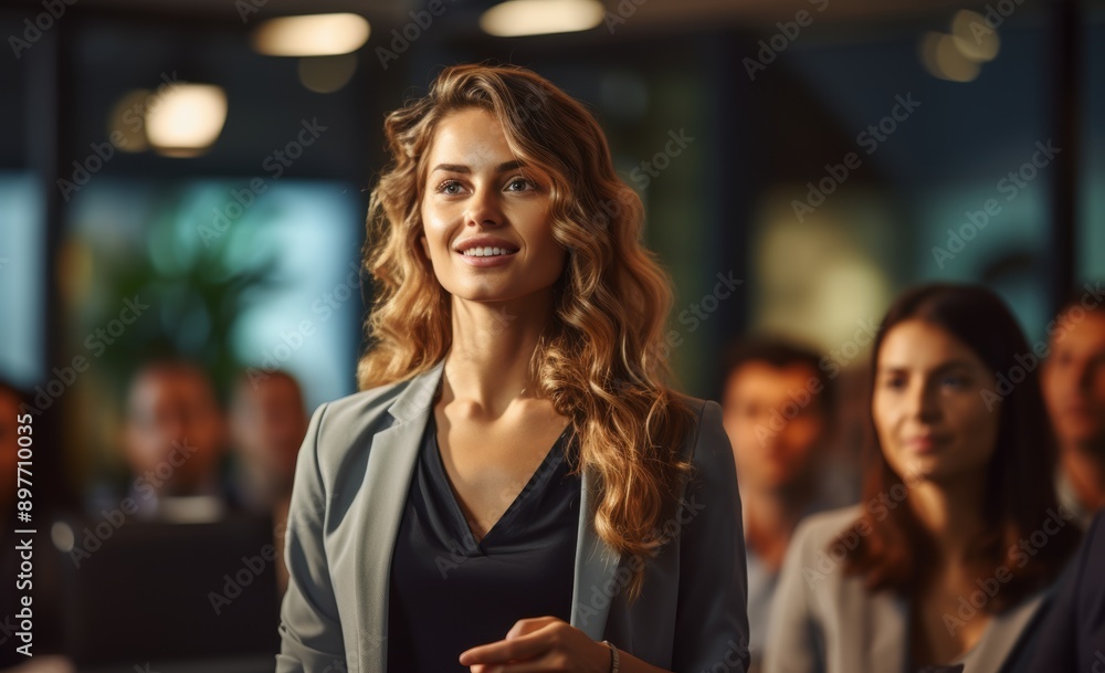 Confident businesswoman delivering a corporate presentation at a seminar or conference Confident businesswoman delivering a corporate presentation at a seminar or conference