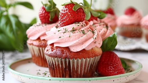 Single unique basil strawberry cupcake with basil-infused frosting and fresh strawberry 