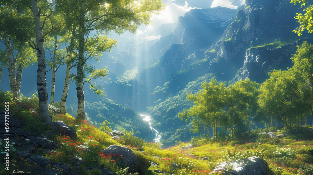 Mountain landscape with sun rays through trees Mountain landscape with sun rays through trees