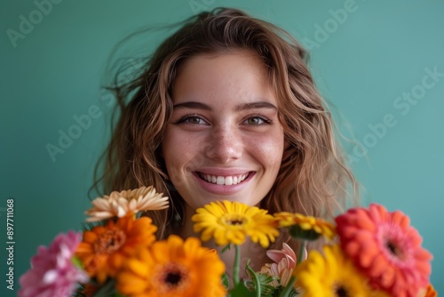 Woman Holding Bunch of Flowers in Front of Her Face