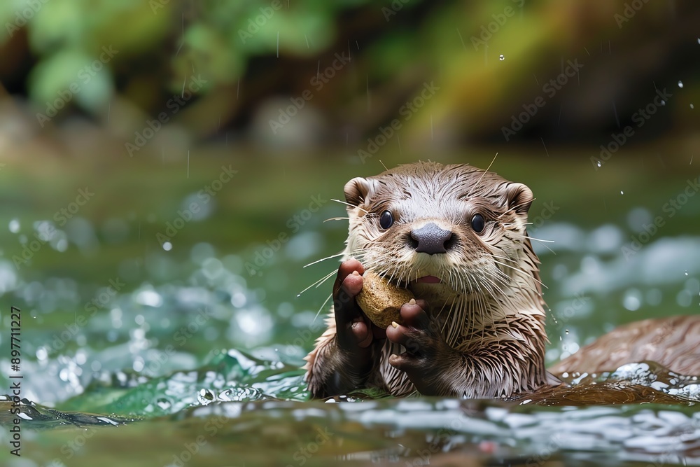 Adorable otter holding a rock while playing in a flowing river, surrounded by natural greenery. Adorable otter holding a rock while playing in a flowing river, surrounded by natural greenery.