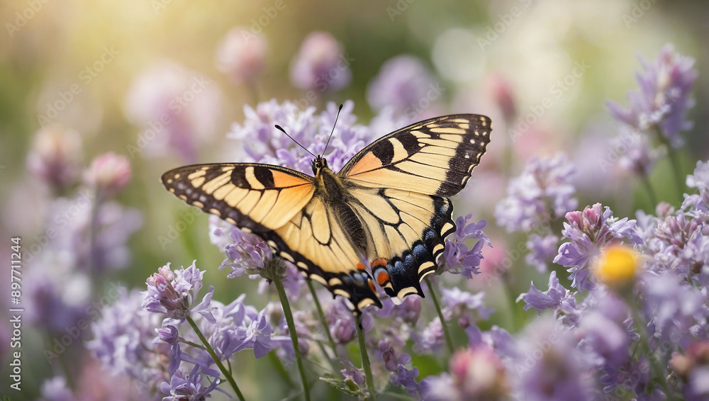 An elegant butterfly with delicate pink and black wings feeds on lilac flowers in a softly lit garden, showcasing a peaceful moment in nature. An elegant butterfly with delicate pink and black wings feeds on lilac flowers in a softly lit garden, showcasing a peaceful moment in nature.