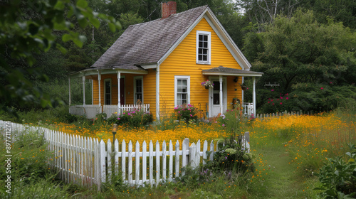 Blue House With White Picket Fence