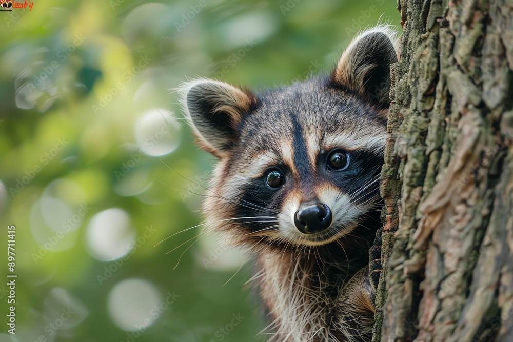Adorable raccoon peeking from behind a tree in a lush forest setting. Bright eyes and curious expression add charm to the wildlife scene. Adorable raccoon peeking from behind a tree in a lush forest setting. Bright eyes and curious expression add charm to the wildlife scene.