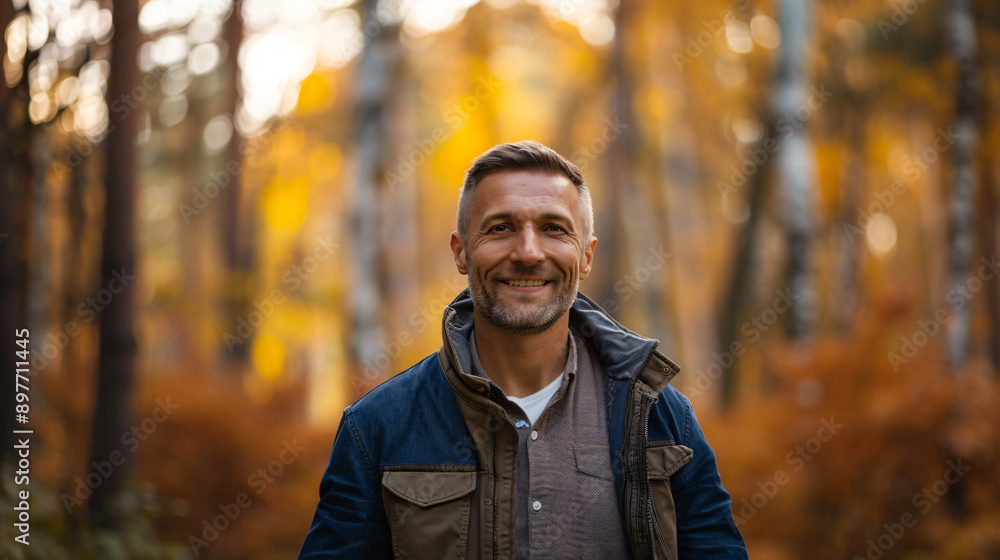 Joyful man strikes a pose in a sun-drenched autumn forest Joyful man strikes a pose in a sun-drenched autumn forest