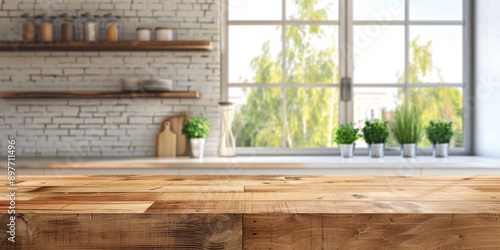 Kitchen background top counter interior wood blur home wooden empty room light white. Top kitchen product background desk modern window food display design texture tabletop restaurant board wall space