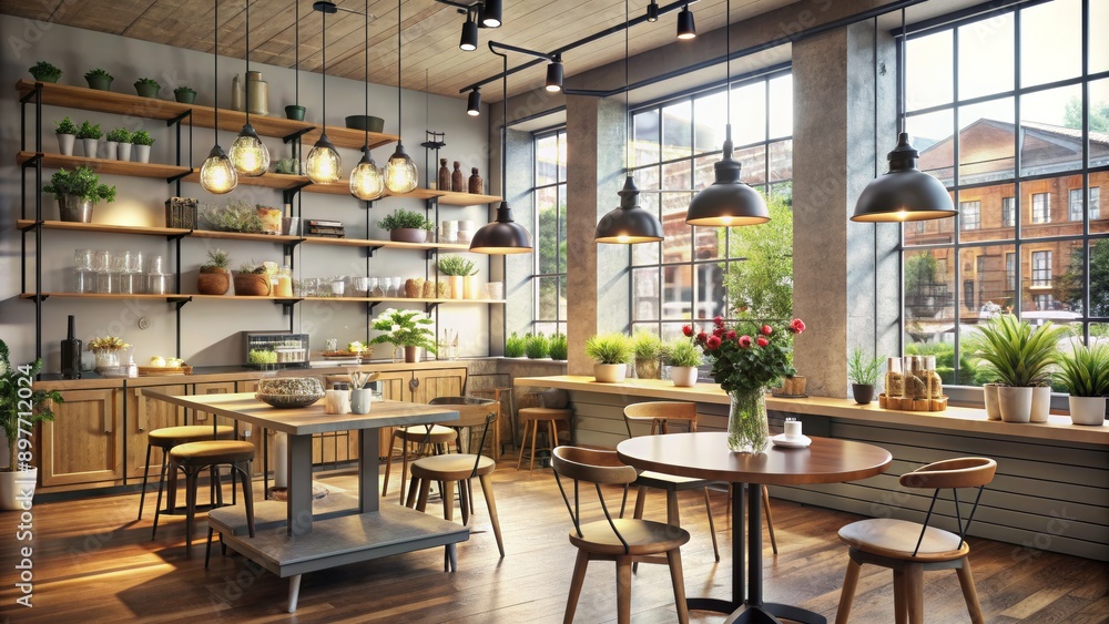 Naklejka premium Industrial Chic Cafe Interior with Exposed Brick Walls and Large Windows, 3D Rendering, Cafe Interior Design, Interior Design, Industrial Style