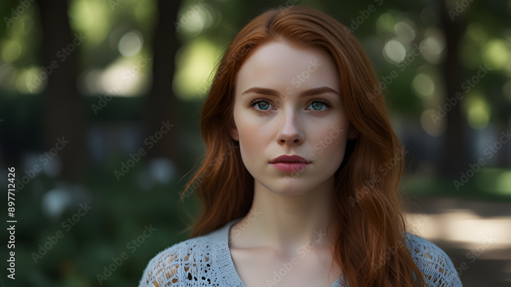 Portrait style image featuring a young woman with striking facial features. She has fair skin, bright blue eyes, and long, wavy red hair that frames her face. Her expression is neutral Portrait style image featuring a young woman with striking facial features. She has fair skin, bright blue eyes, and long, wavy red hair that frames her face. Her expression is neutral