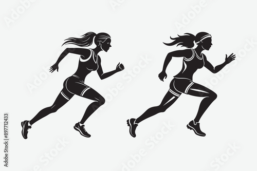 Black vector silhouette of a young woman runner in athletic action