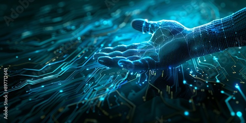 man's hand in digital, AI chatbot technology, smart devices, VPN cybersecurity, futuristic internet. Unleash the power of technology, sleek abstract background, blue circuitry pattern
