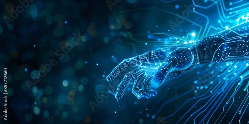 man's hand in digital, AI chatbot technology, smart devices, VPN cybersecurity, futuristic internet. Unleash the power of technology, sleek abstract background, blue circuitry pattern