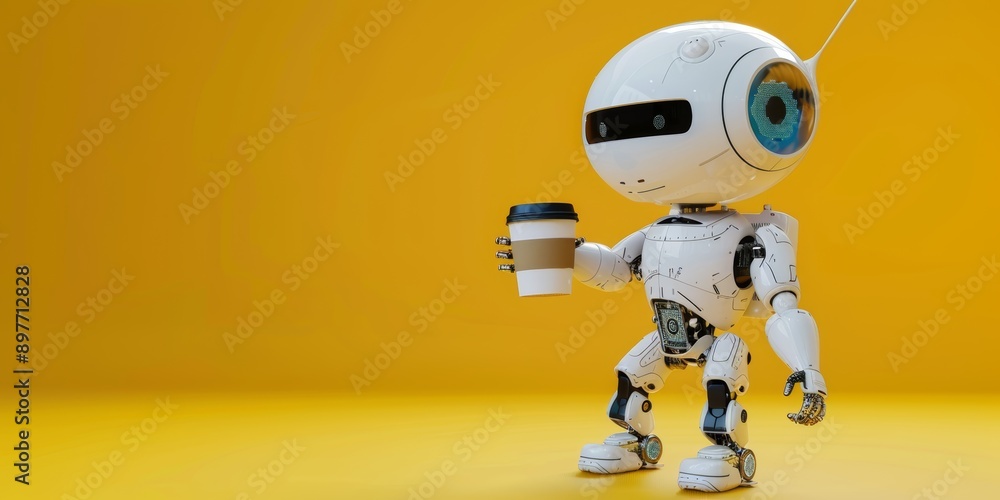 Modern White Robot Enjoying Coffee on yellow background. Futuristic Lifestyle Technology Concept of daily life, with copy space Modern White Robot Enjoying Coffee on yellow background. Futuristic Lifestyle Technology Concept of daily life, with copy space