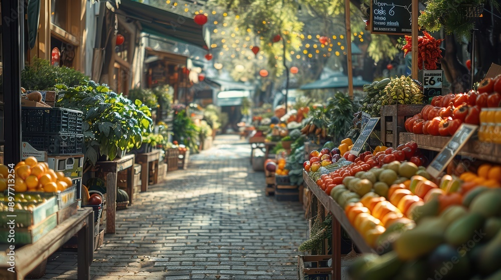 A vibrant market scene filled with fresh fruits and vegetables, showcasing a colorful array of produce under warm sunlight. A vibrant market scene filled with fresh fruits and vegetables, showcasing a colorful array of produce under warm sunlight.