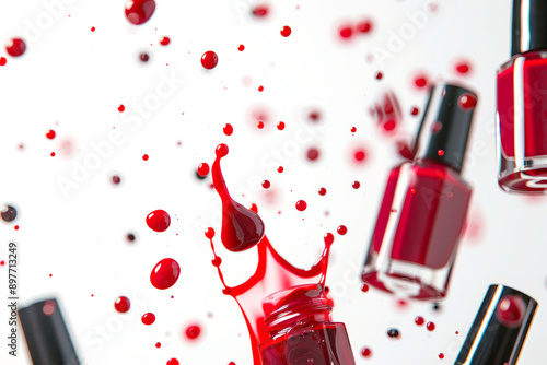 Red Nail polish bottles falling in the air on white background photo