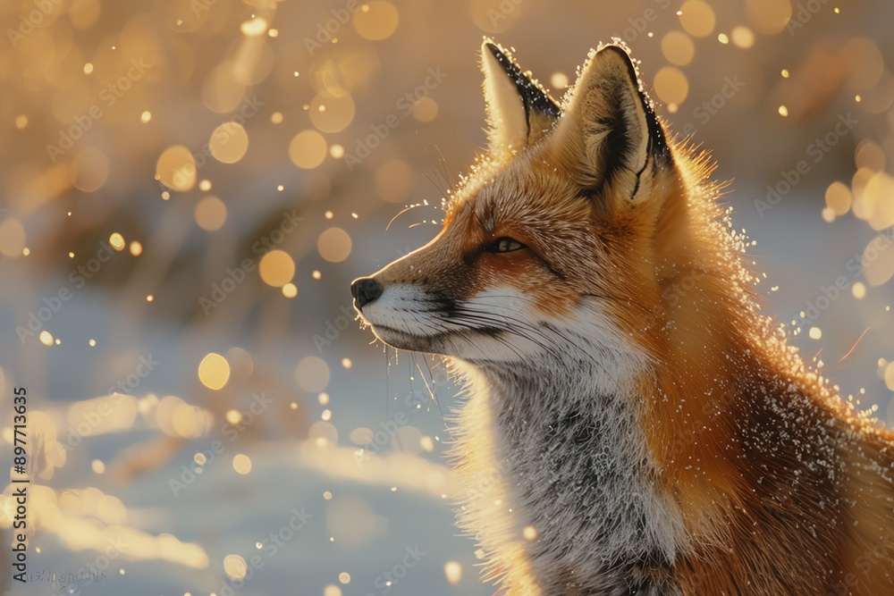 Obraz premium Close-up of a beautiful red fox in a golden, sparkling winter landscape, captured in soft, dreamy light, perfect for nature and wildlife themes.