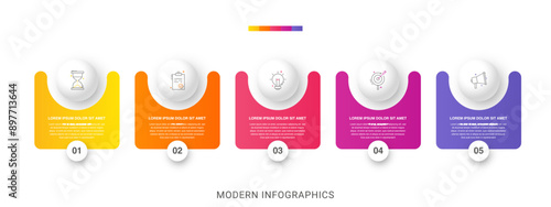 Vector infographic design template. Modern timeline concept with five steps, circles. Vector illustration used for diagram, workflow layout, banner, webdesign, presentations, flowchart